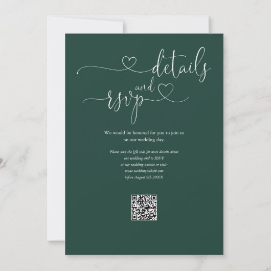 Emerald Green Heart Script QR Code Wedding Einladung (Rückseite)