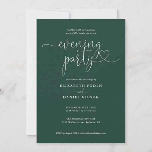 Emerald Green Heart Script Wedding Abend Party Einladung (Vorderseite)