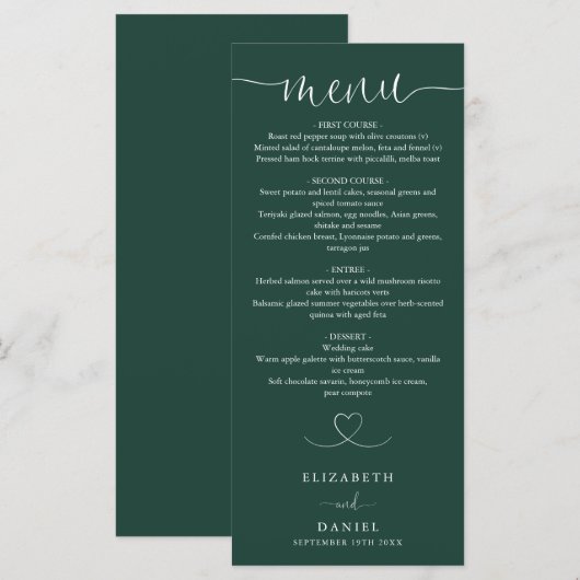 Emerald Green Heart Script Wedding Dinner Menükarte (Vorne/Hinten)