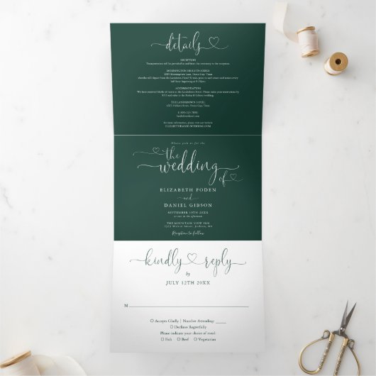 Emerald Green Heart Script Wedding Dreifach Gefaltete Einladung (Innenseite)