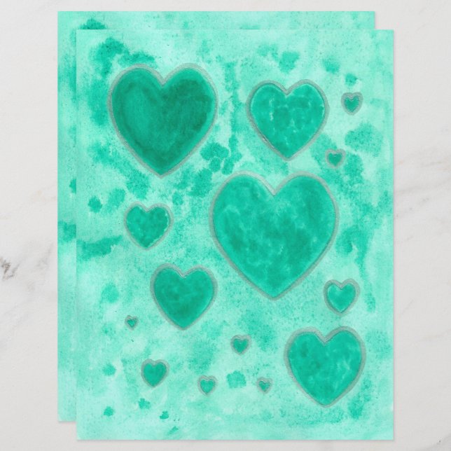 Emerald Green Hearts Watercolor Scrapbook Paper (Vorne/Hinten)