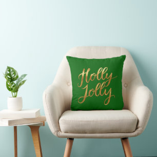 Emerald Green Holly Jolly - Gold Script Decor Kissen