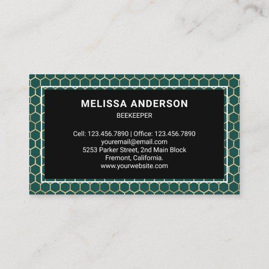 Emerald Green Honeycomb Gold Foil Honey Bee Visitenkarte (Rückseite)
