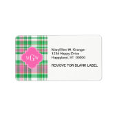 Emerald Green Hot Pink Whppy Madras Monogram Adressaufkleber (Vorne)