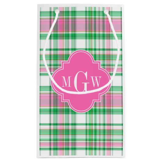 Emerald Green Hot Pink Whppy Madras Monogram Kleine Geschenktüte (Rückseite)