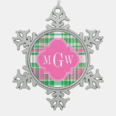 Emerald Green Hot Pink Whppy Madras Monogram Schneeflocken Zinn-Ornament (Vorderseite)