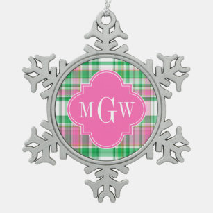 Emerald Green Hot Pink Whppy Madras Monogram Schneeflocken Zinn-Ornament