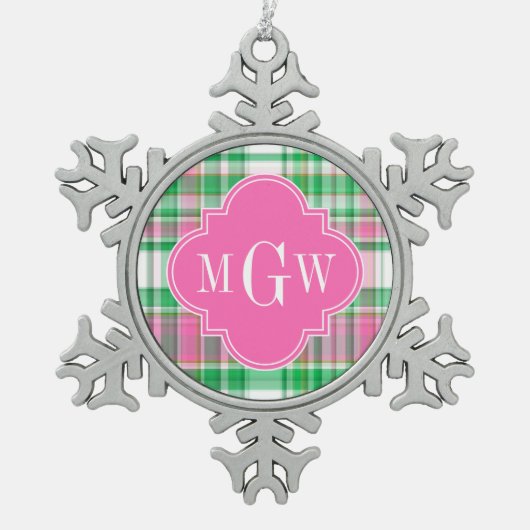 Emerald Green Hot Pink Whppy Madras Monogram Schneeflocken Zinn-Ornament (Vorderseite)