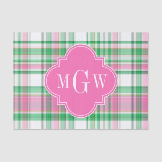 Emerald Green Hot Pink Whppy Madras Monogram Seidenpapier (Vorderseite)