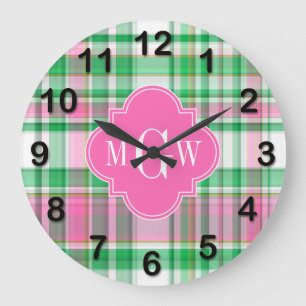 Emerald Green Hot Pink Wht Preppy Madras Monogram Große Wanduhr