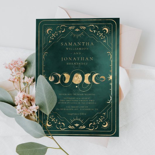 Emerald Green & Imitate Gold Tarot Celestial Weddi Einladung