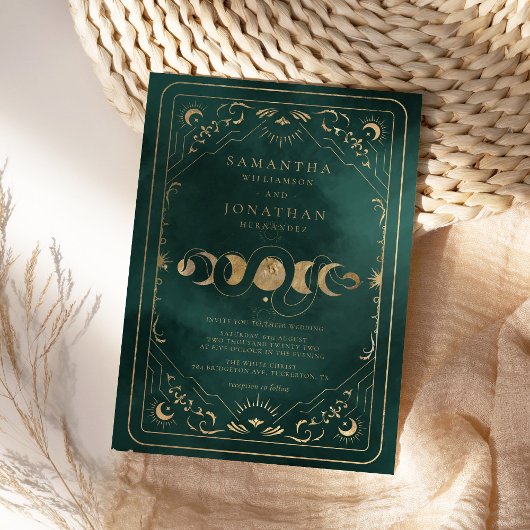 Emerald Green & Imitate Gold Tarot Celestial Weddi Einladung