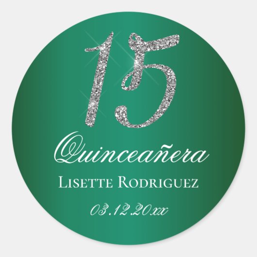 Emerald Green Imitats Glitzer 15 Quinceanera Runder Aufkleber (Vorderseite)