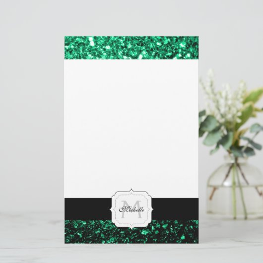 Emerald Green Imitats Glitzer Glitzern Monogram Briefpapier (Stehend Vorderseite)