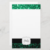Emerald Green Imitats Glitzer Glitzern Monogram Briefpapier (Vorne/Hinten)