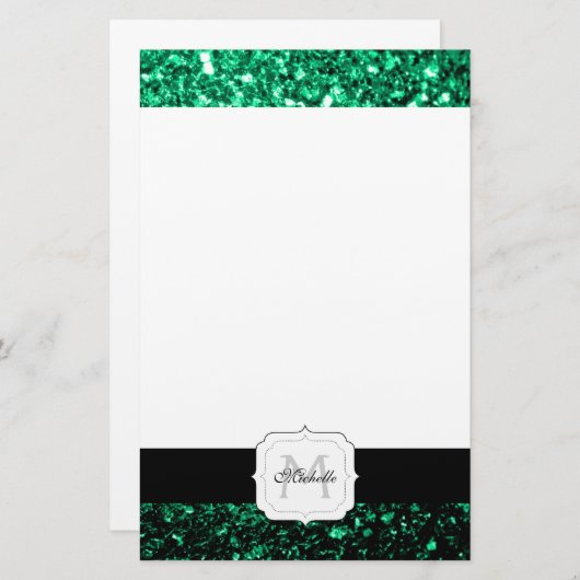 Emerald Green Imitats Glitzer Glitzern Monogram Briefpapier (Vorne/Hinten)