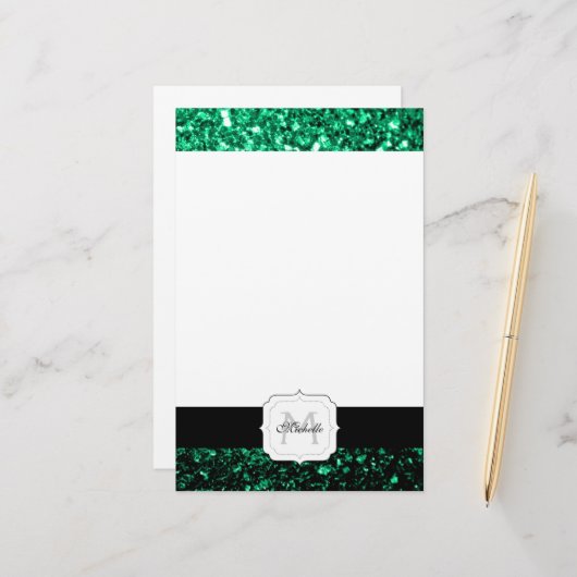 Emerald Green Imitats Glitzer Glitzern Monogram Briefpapier (Vorderseite/Rückseite Beispiel)