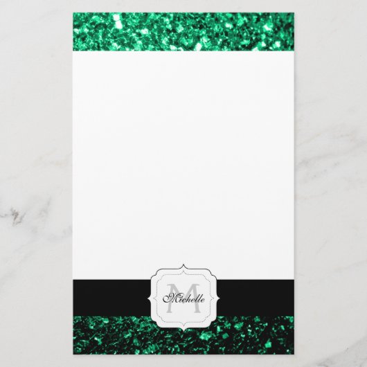 Emerald Green Imitats Glitzer Glitzern Monogram Briefpapier (Vorderseite)