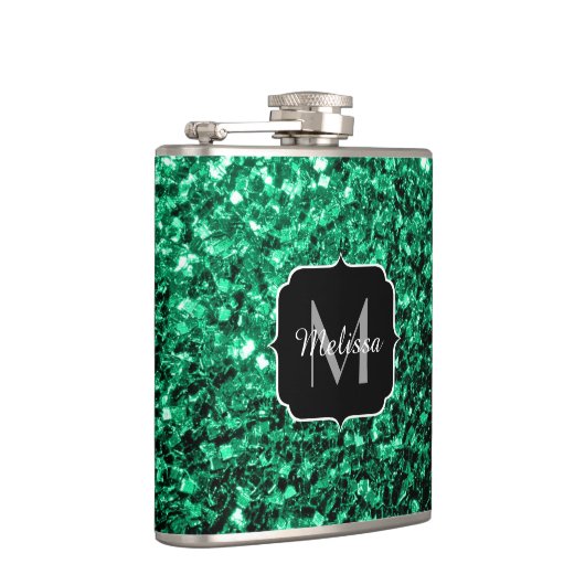 Emerald Green Imitats Glitzer Glitzern Monogram Flachmann (Rechts)
