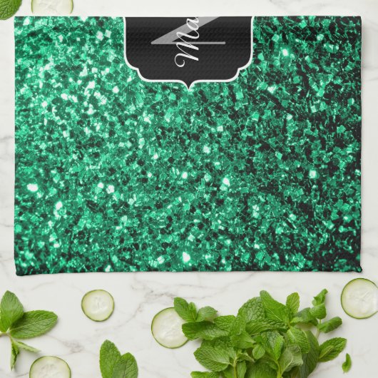 Emerald Green Imitats Glitzer Glitzern Monogram Geschirrtuch (Gefaltet)