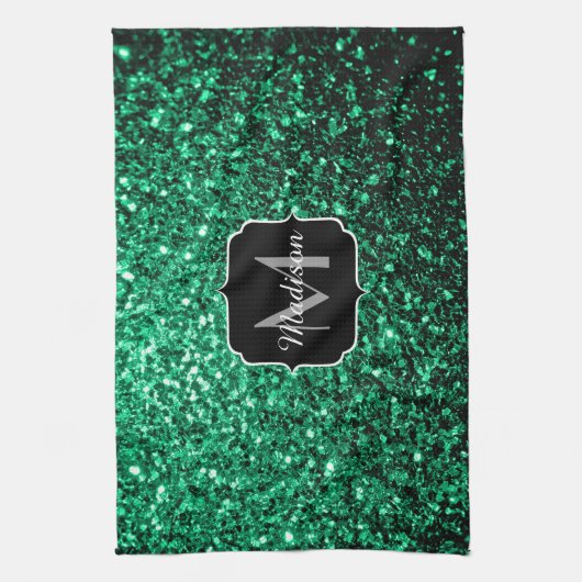 Emerald Green Imitats Glitzer Glitzern Monogram Geschirrtuch (Vertikal)