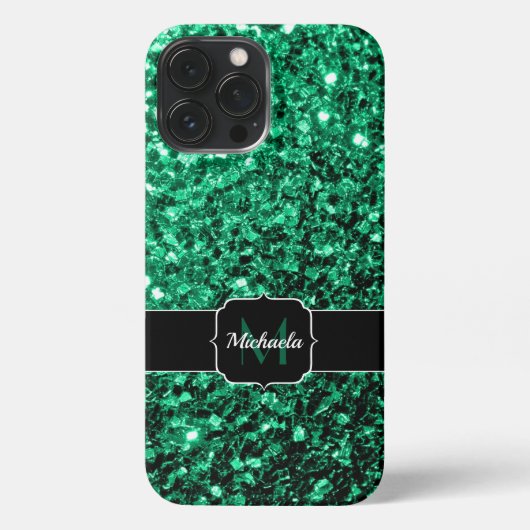 Emerald Green Imitats Glitzer Glitzern Monogram iPhone Hülle (Rückseite)