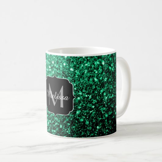 Emerald Green Imitats Glitzer Glitzern Monogram Kaffeetasse (VorderseiteRechts)