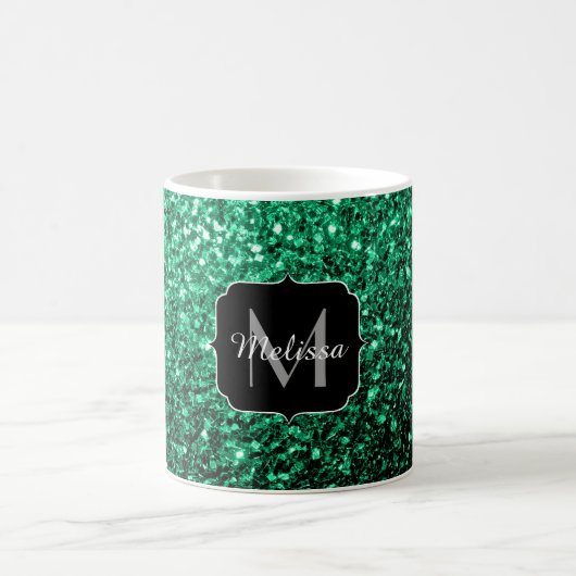 Emerald Green Imitats Glitzer Glitzern Monogram Kaffeetasse (Mittel)