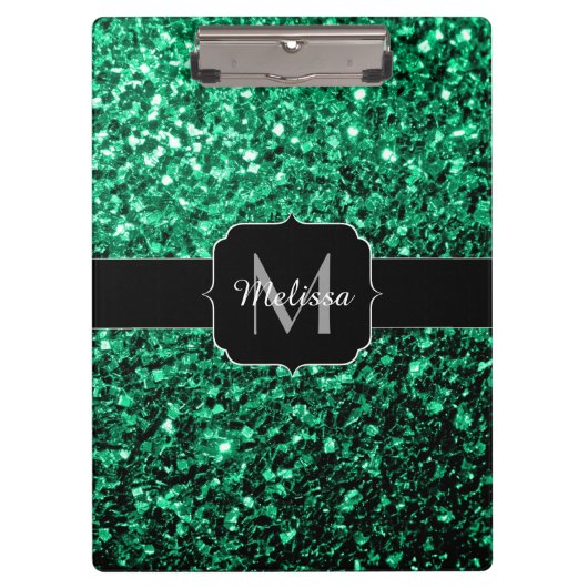 Emerald Green Imitats Glitzer Glitzern Monogram Klemmbrett (Vorderseite)