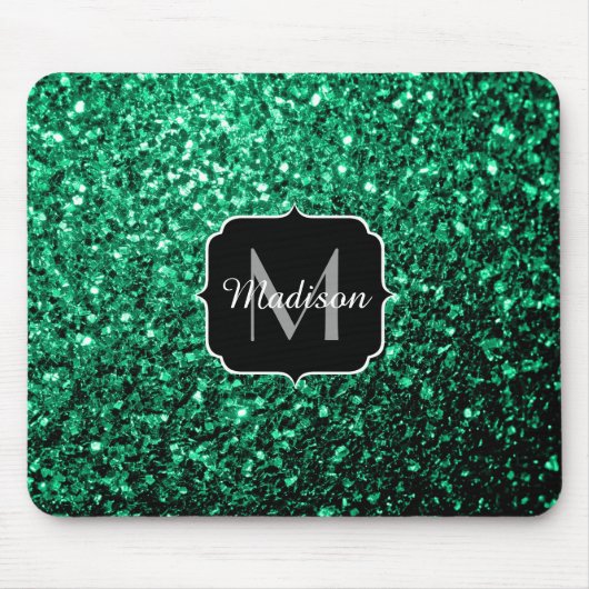 Emerald Green Imitats Glitzer Glitzern Monogram Mousepad (Vorne)