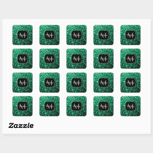 Emerald Green Imitats Glitzer Glitzern Monogram Quadratischer Aufkleber (Blatt)