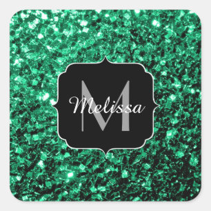 Emerald Green Imitats Glitzer Glitzern Monogram Quadratischer Aufkleber