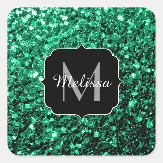 Emerald Green Imitats Glitzer Glitzern Monogram Quadratischer Aufkleber (Vorderseite)