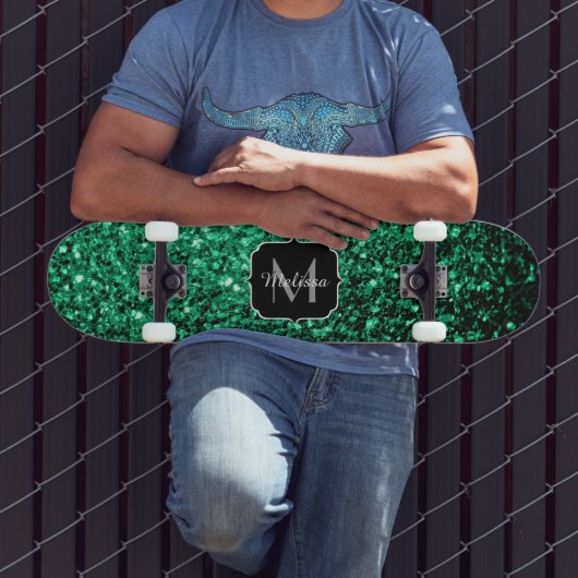 Emerald Green Imitats Glitzer Glitzern Monogram Skateboard (Außenbereich 3)