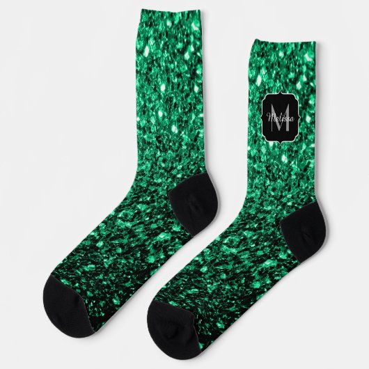 Emerald Green Imitats Glitzer Glitzern Monogram Socken (Linkes Detail)