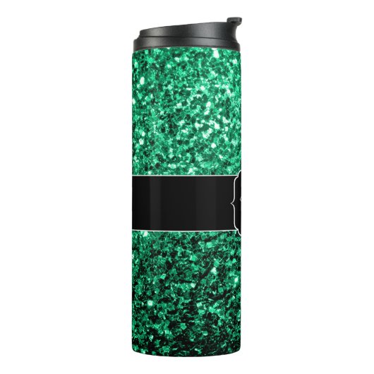 Emerald Green Imitats Glitzer Glitzern Monogram Thermosbecher (Nach links gedreht)