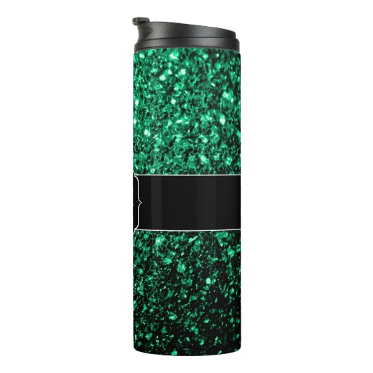 Emerald Green Imitats Glitzer Glitzern Monogram Thermosbecher (Nach rechts gedreht)