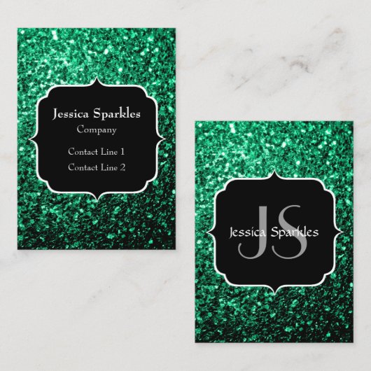 Emerald Green Imitats Glitzer Glitzern Monogram Visitenkarte (Vorne/Hinten)