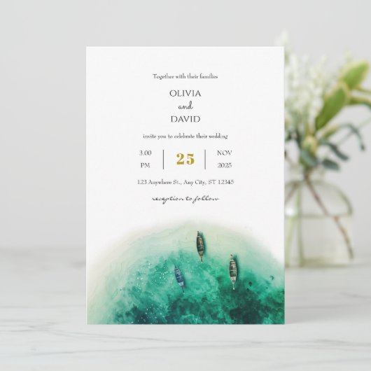 Emerald Green Island Coastal Lagoon Beach Wedding Einladung (Stehend Vorderseite)