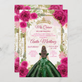 Emerald Green kleidet Fuschia Pink Mis Quince Einladung (Vorne/Hinten)