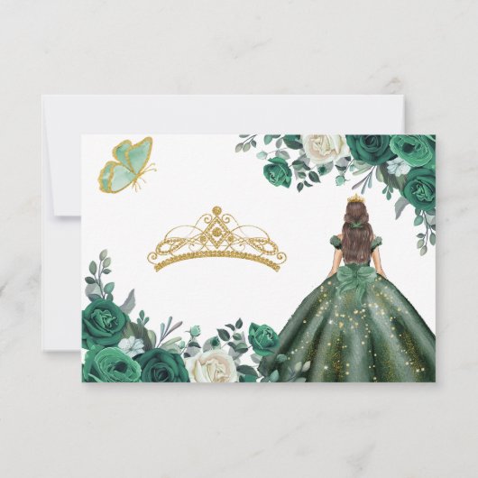 Emerald Green kleidet Quinceañera Crown RSVP Card Dankeskarte (Rückseite)