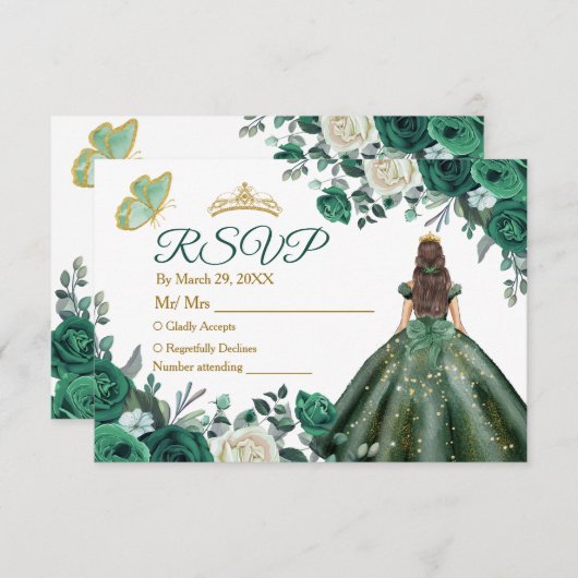 Emerald Green kleidet Quinceañera Crown RSVP Card Dankeskarte (Vorne/Hinten)