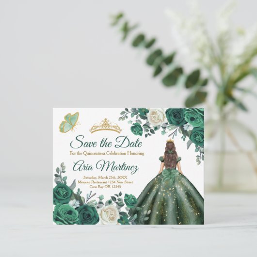 Emerald Green Kress Quinceañera Save the Date Dankeskarte (Stehend Vorderseite)