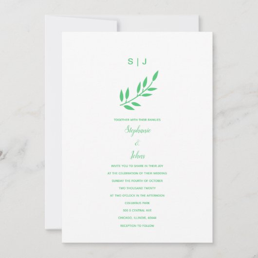 Emerald Green Leaf Monogram Name Boho Wedding 2024 Einladung (Vorderseite)