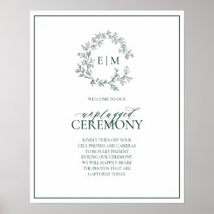 Emerald Green Leafy Monogram Unplugged Wedding Poster