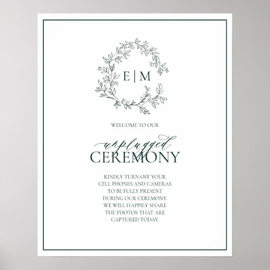 Emerald Green Leafy Monogram Unplugged Wedding Poster (Vorne)