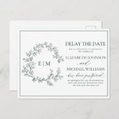Emerald Green Leafy Wappen Monogram Delay The Date Einladungspostkarte (Vorne/Hinten)