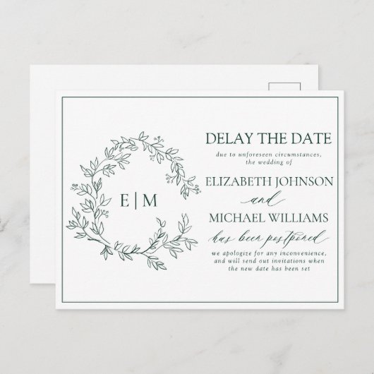 Emerald Green Leafy Wappen Monogram Delay The Date Einladungspostkarte (Vorne/Hinten)
