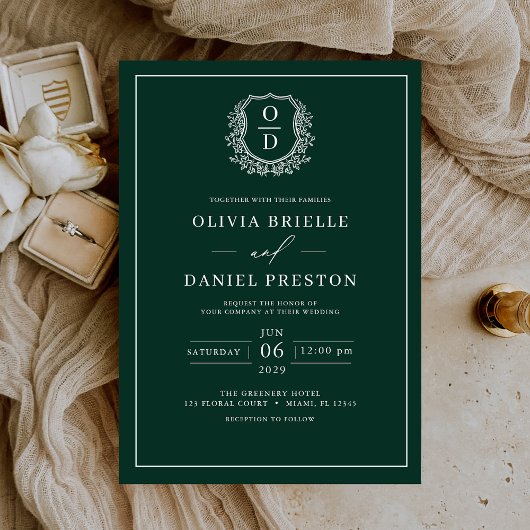 Emerald Green Leafy Wappen Monogram Elegant Weddin Einladung