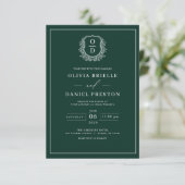 Emerald Green Leafy Wappen Monogram Foto Wedding Einladung (Stehend Vorderseite)